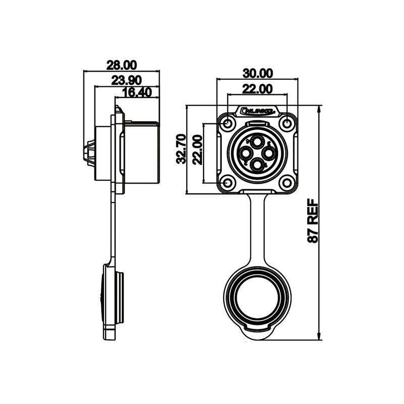 LP-20 power chassis connector M20 4-pin female square 500 V 20 A IPX8