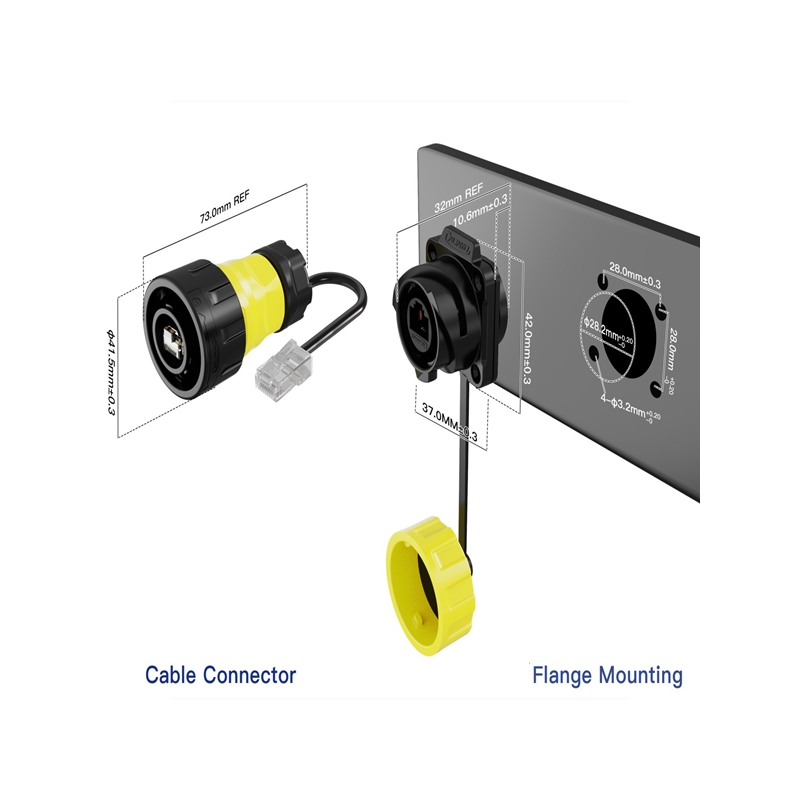 YM-24 RJ45 panel mount receptacle feedthrough IP68, industrial RJ45 feedthrough, plastic housing