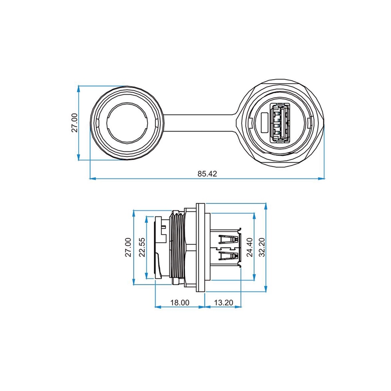 YU Data USB2.0 dual port chassis connector female to female IP67