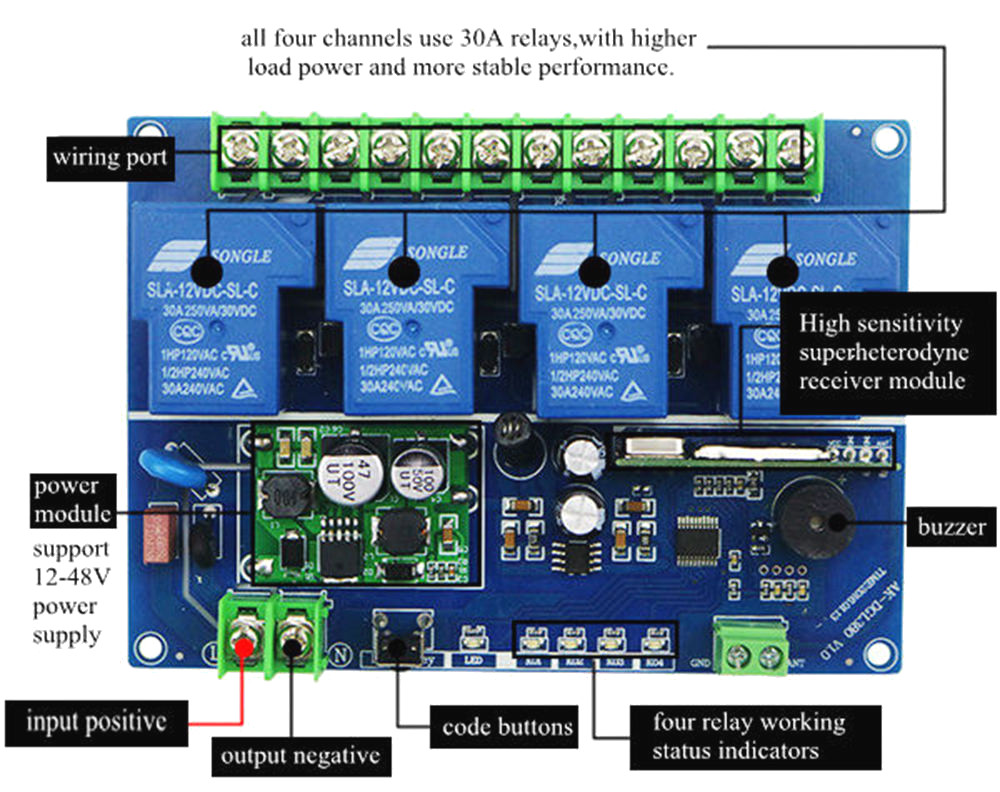 433MHz-4CH-Channel-Remote-Control-Switch-Module-Learning-Code-DC12-48V-180-700W-30A-Four-Way-Relay-1337457